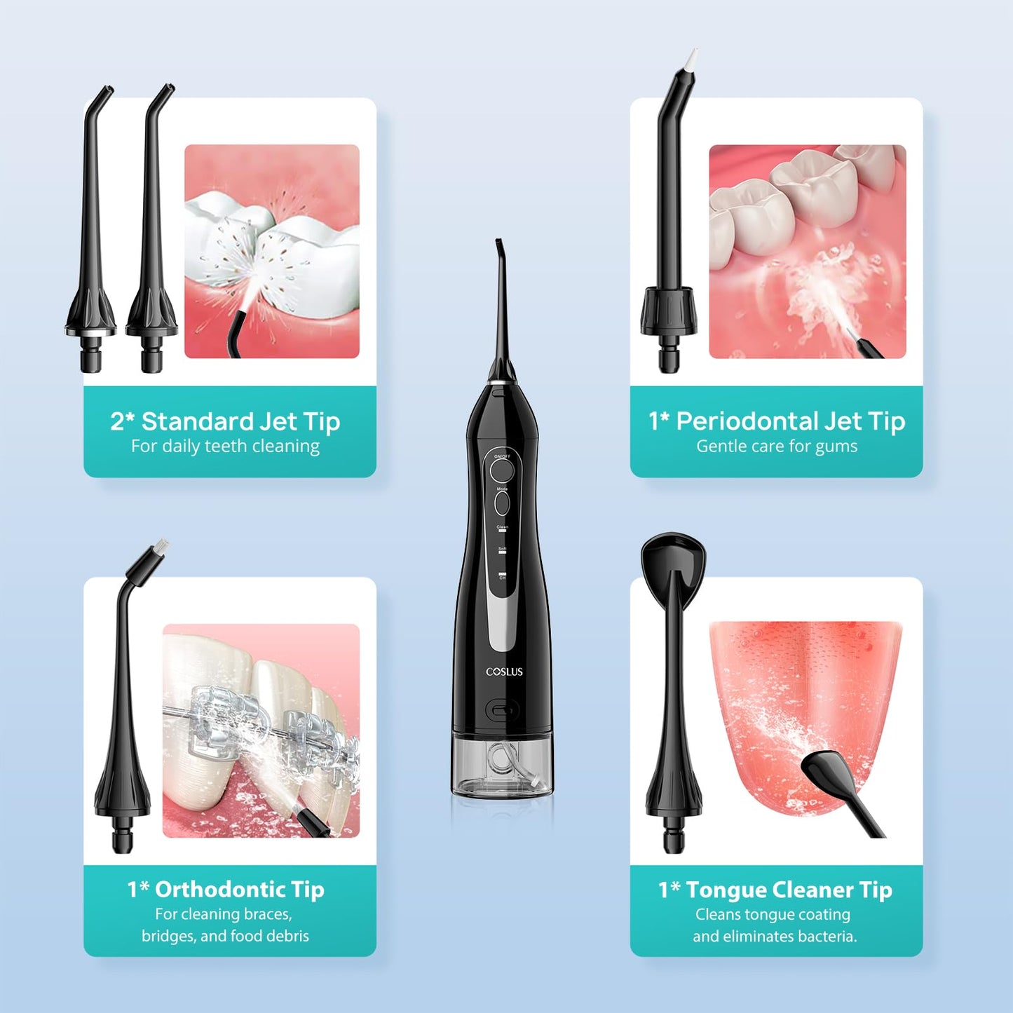 COSLUS ADA Accepted Water Dental Flosser Teeth Pick C20: Portable Cordless Oral Irrigator 300ML Rechargeable Travel Irrigation Cleaner IPX7 Waterproof Electric Flossing Machine, Professional Set Black
