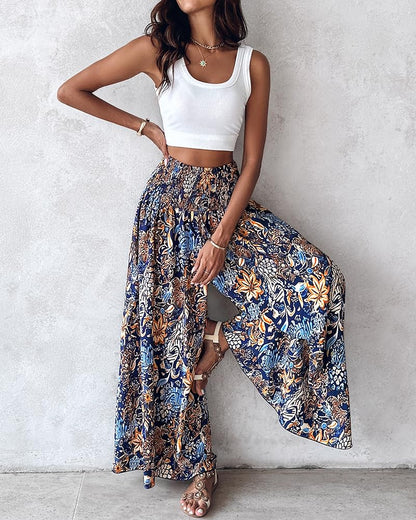 CHICME Boho Floral Shirred High Waisted Wide Leg Pants Flowy Palazzo Pants Summer Beach Vacation Wear