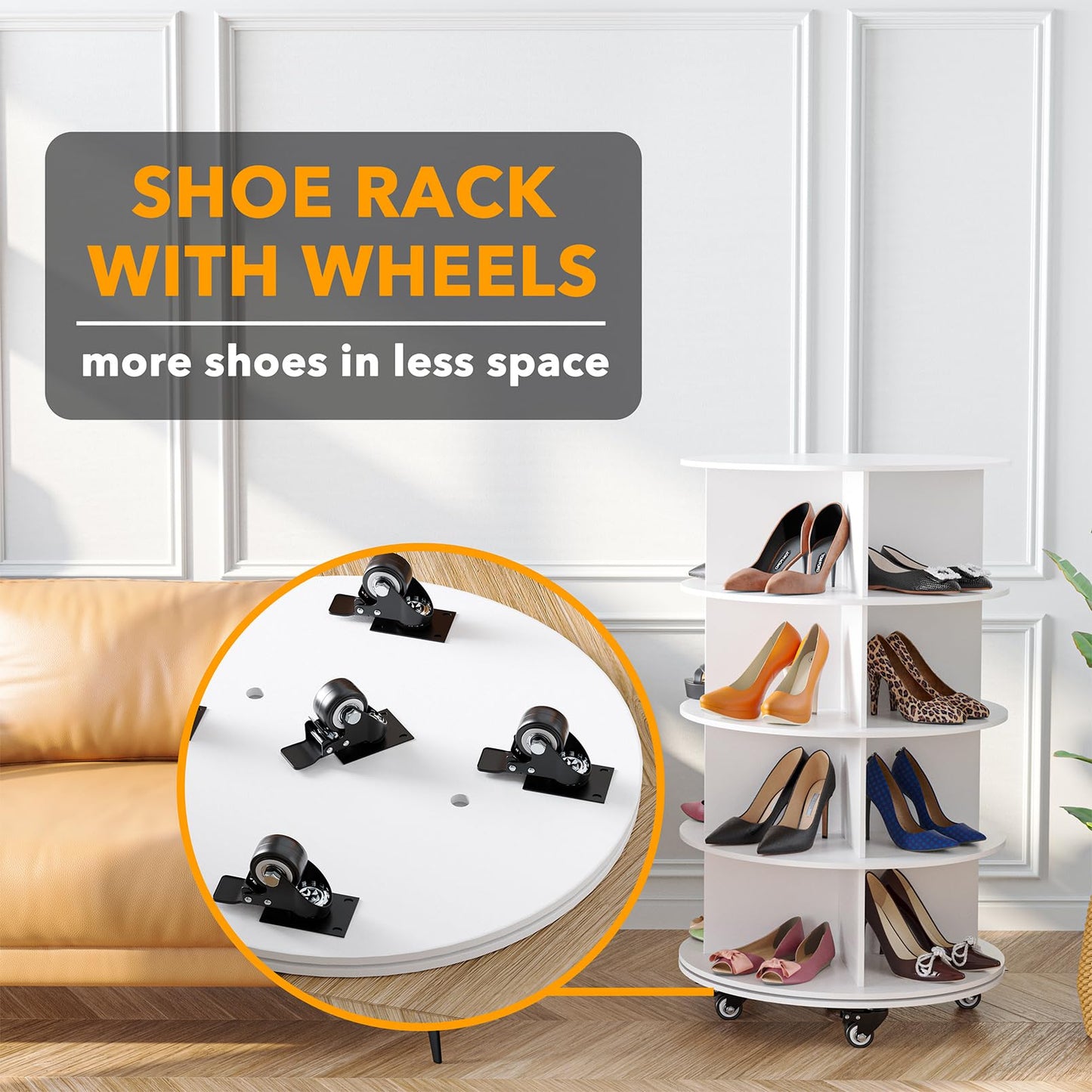 SpaceAid Spinning Shoe Rack with Wheels, 7 Tier Rotating Organizer Shoe Tower Lazy Susan with Thick Bottom, 360 Display Revolving Storage Shelf, Round Circular Rotate Organization, White