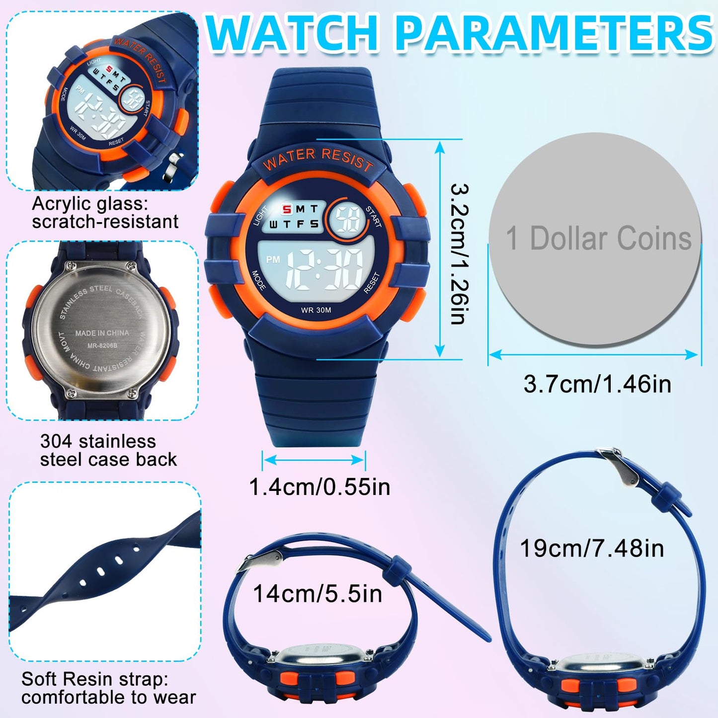 DTKID Digital Kids Watch 30 M Waterproof, 7 Color Lights Time Teaching Watch Easy to Read for Girls Boys 5-16