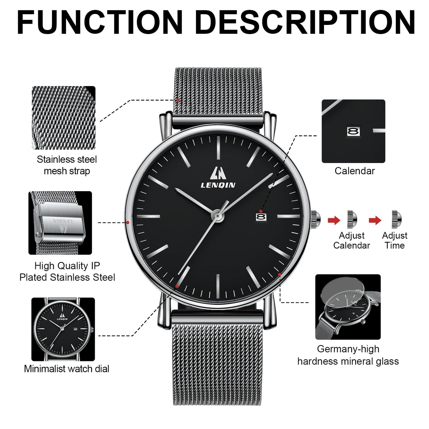 LN LENQIN Mens Watches Waterproof Stainless Steel Watch for Men Analog Quartz Fashion Business Designer Wristwatch