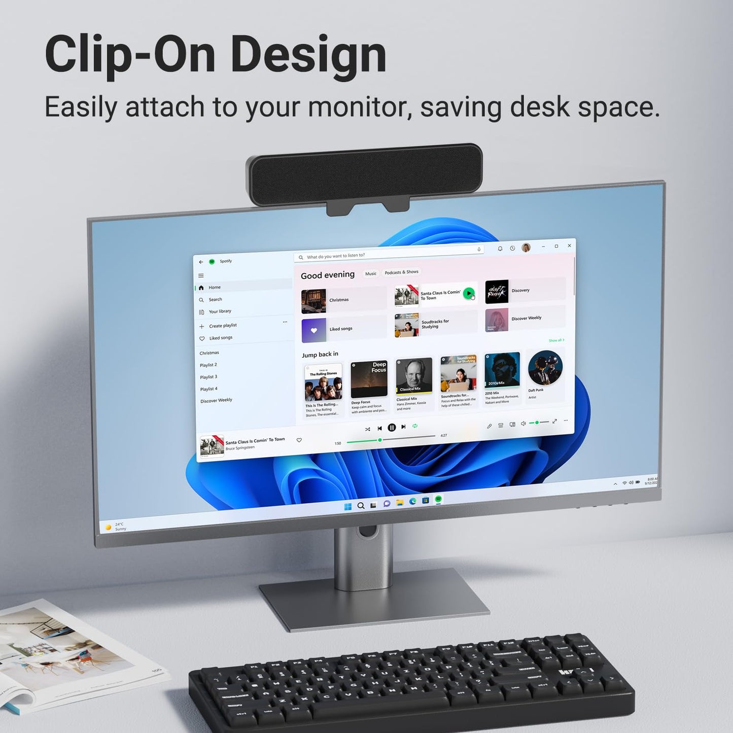 INGA Computer Speakers with Detachable Mic, Plug and Play Desktop Speakers, One-Touch Mute Microphone, Stereo & Bass, Easily Clamps to Monitor, Compatible with PC, MAC, Laptop