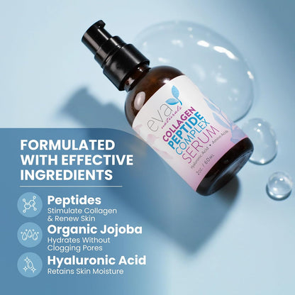 Collagen Serum for Face by Eva Naturals - Anti Aging Multi Peptide Face Serum with Hyaluronic Acid - Firming Hydrating Wrinkle Reducer Peptide Serum for Women & Men - Fragrance Free 2 oz