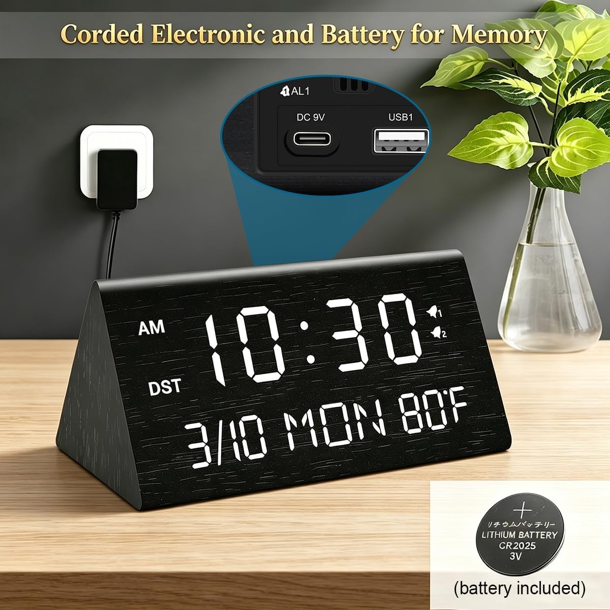 Kogonee Wooden Digital Alarm Clock, 0-100% Dimmer, 2 Alarm Settings, Weekday/Everyday Mode, 9 Mins Snooze, 12/24H, Temperature and Date Display for Office, Travel, Bedroom Alarm Clock (Brown)