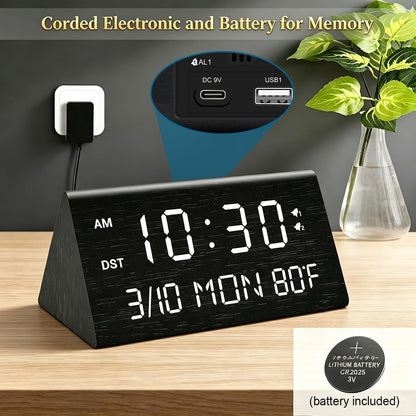 Kogonee Wooden Digital Alarm Clock, 0-100% Dimmer, 2 Alarm Settings, Weekday/Everyday Mode, 9 Mins Snooze, 12/24H, Temperature and Date Display for Office, Travel, Bedroom Alarm Clock (Brown)