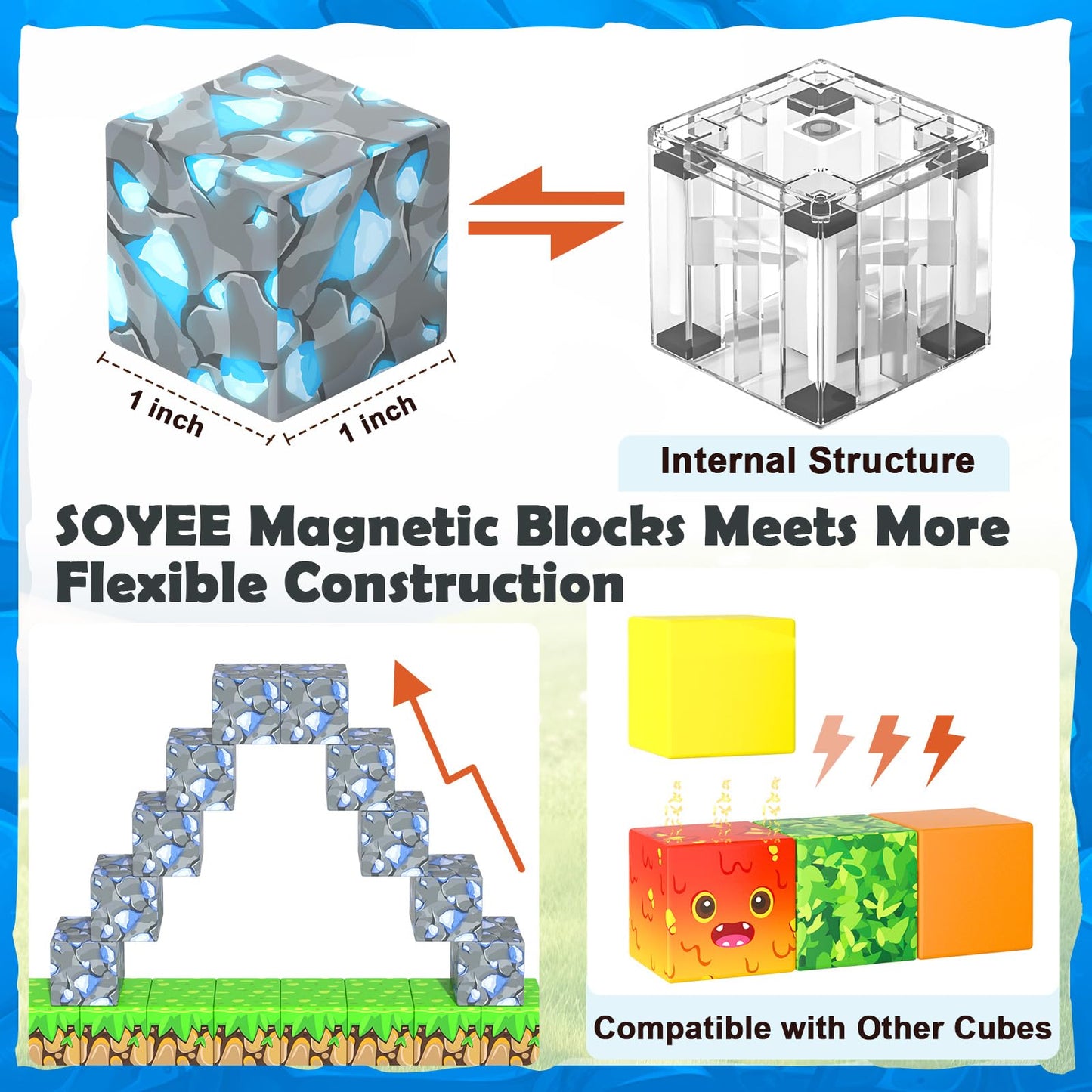Soyee Magnetic Blocks Building Toys - Build Mine Magnet World Set Toddler Kids Sensory Toys for Boys & Girls Ages 3-5 5-7 8-12, 1'' Magnetic Cubes Game for Boys