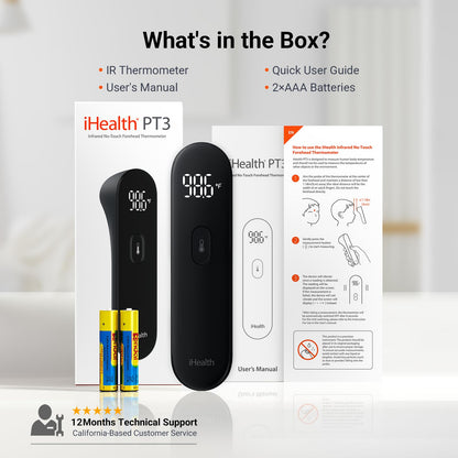 iHealth No-Touch Digital Forehead Thermometer for Adults, Babies, Kids, 3 Ultra-Sensitive Sensors, Quiet Vibration Feedback, Large LED Digits, Easy to Use for Home, PT3 Black