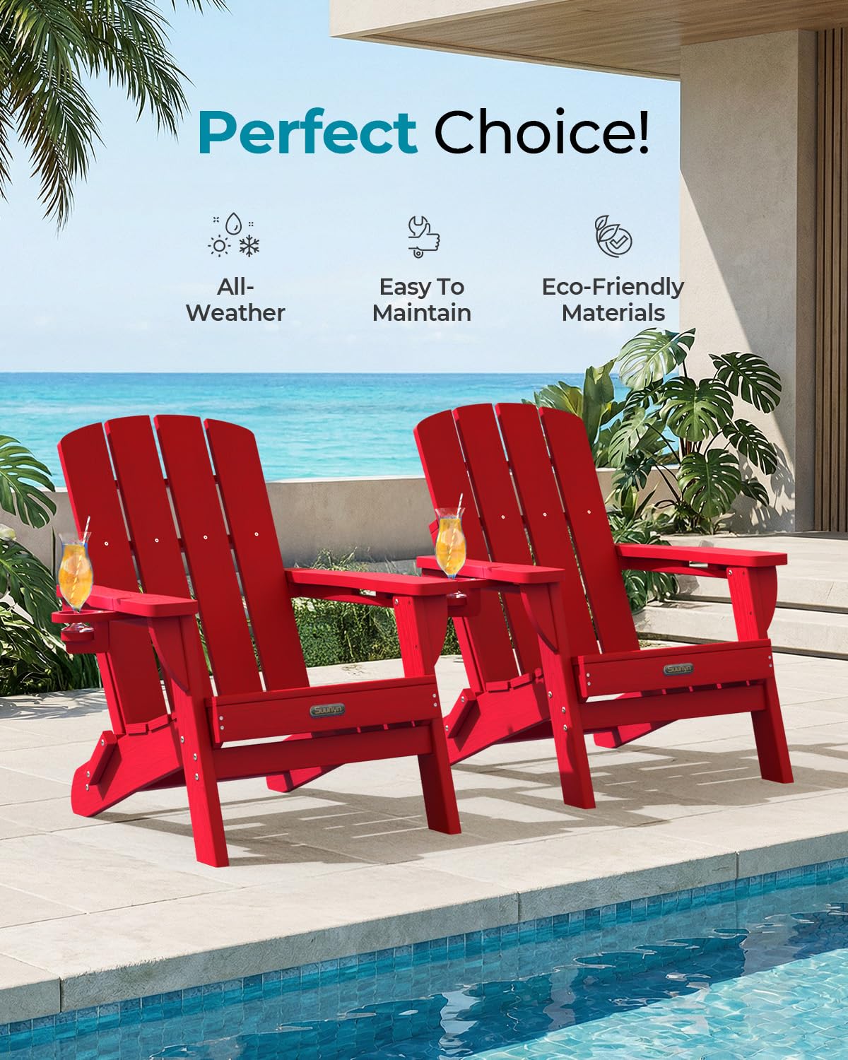 Folding Adirondack Chair, HDPE Adirondack Chairs with 2 Cup Holder, Plastic All-Weather Fire Pit Chairs, Outdoor Lawn Chair for Patio Garden (Grey)
