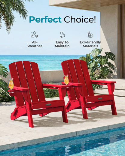 Folding Adirondack Chair, HDPE Adirondack Chairs with 2 Cup Holder, Plastic All-Weather Fire Pit Chairs, Outdoor Lawn Chair for Patio Garden (Grey)
