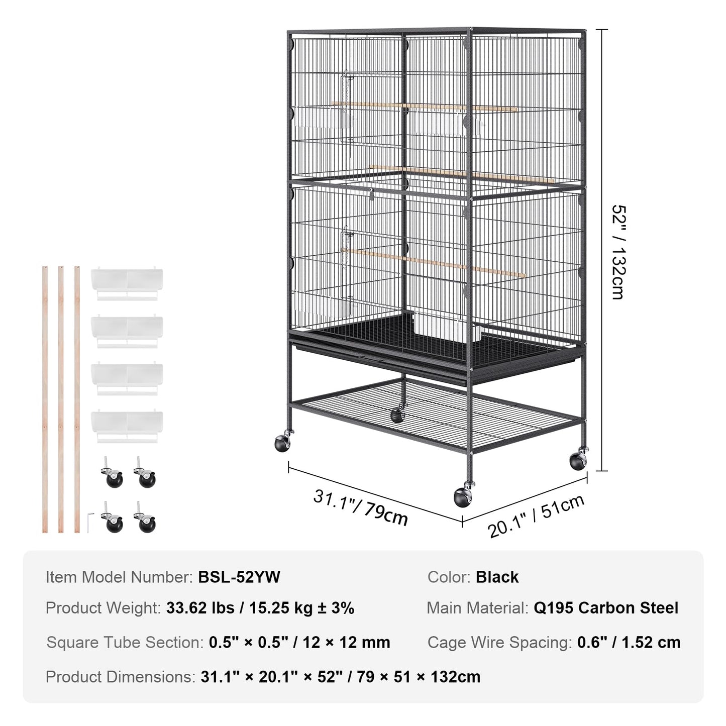 VEVOR Bird Cage, 24.6 x 16.7 x 53.9 inch, Flat Top, Wrought Iron Bird Flight Cage with Perches, Slide-Out Tray and Plastic Feeders, Casters, for Parrot, Blue Tit, Cockatiel, Canary, Budgerigar, Conure