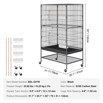 VEVOR Bird Cage, 24.6 x 16.7 x 53.9 inch, Flat Top, Wrought Iron Bird Flight Cage with Perches, Slide-Out Tray and Plastic Feeders, Casters, for Parrot, Blue Tit, Cockatiel, Canary, Budgerigar, Conure