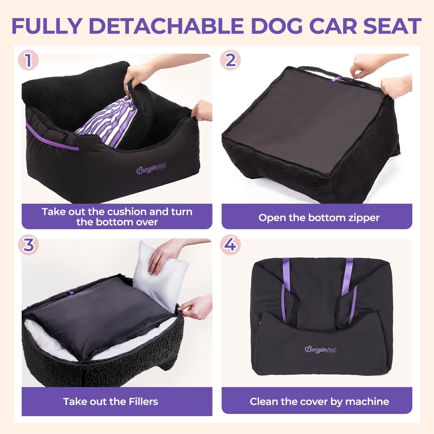 BurgeonNest Dog Car Seat for Small Dogs, Soft Pet Car Travel Home Bed Under 25 lbs, Fully Detachable and Washable Cat Booster Carseats with Storage Pockets and Clip-On Leash Portable Carrier,Black