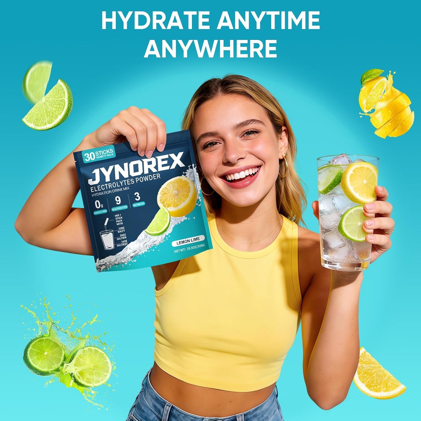 Electrolytes Powder Packets Sugar Free, 30 Sticks High Sodium Hydration Packets, Electrolyte Drink Mix with Lemon Lime Watermelon Peach Berry Kiwi Tropical Punch Lychee Cranberry, 10.5OZ