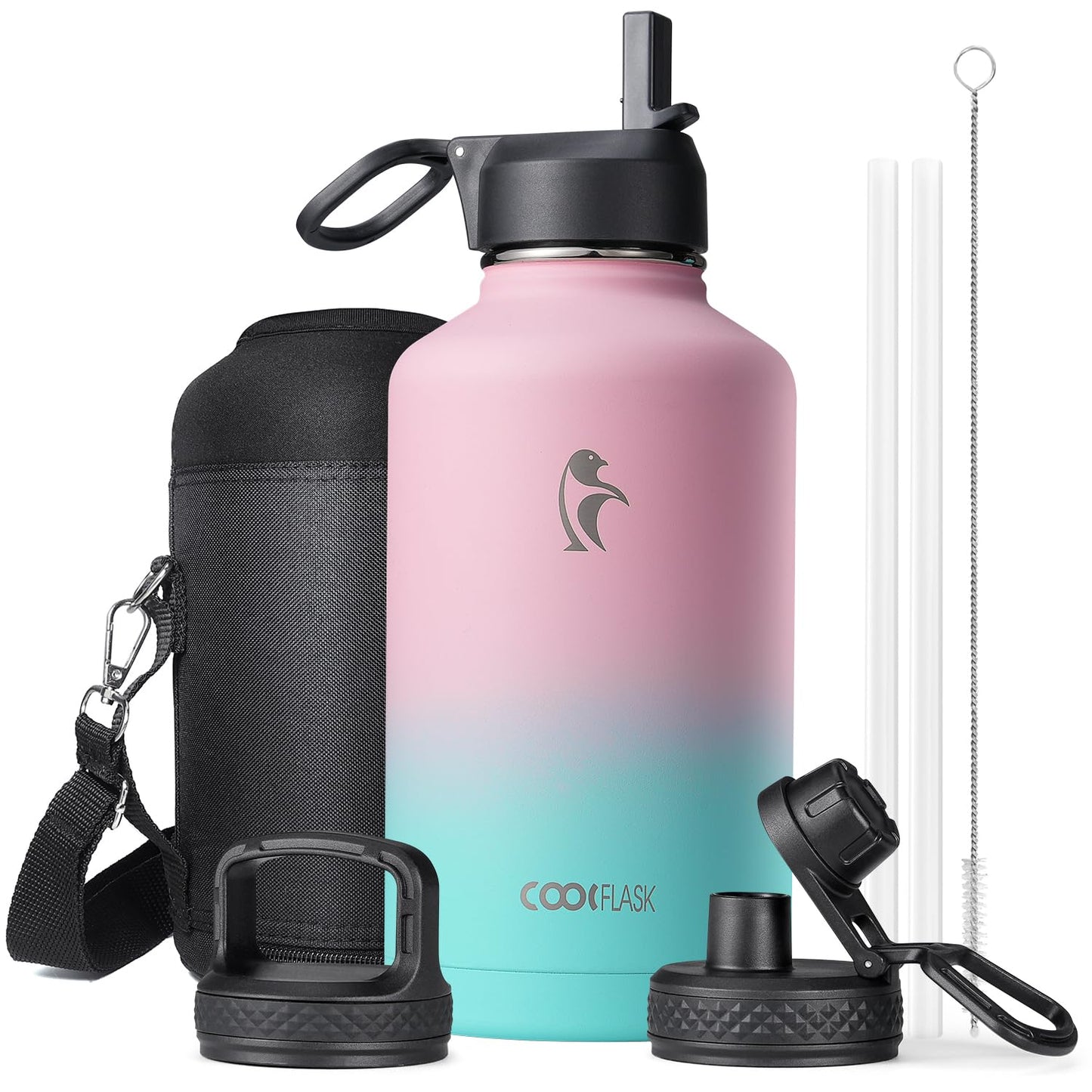 Half Gallon Water Bottle Insulated with Straw & 3 Lids, Coolflask 64 oz Water Jug Large Metal Stainless Steel Wide Mouth for Sports, Gym or Office, Non-BPA Keep Cold 48H Hot 24H, Samurai Cyan