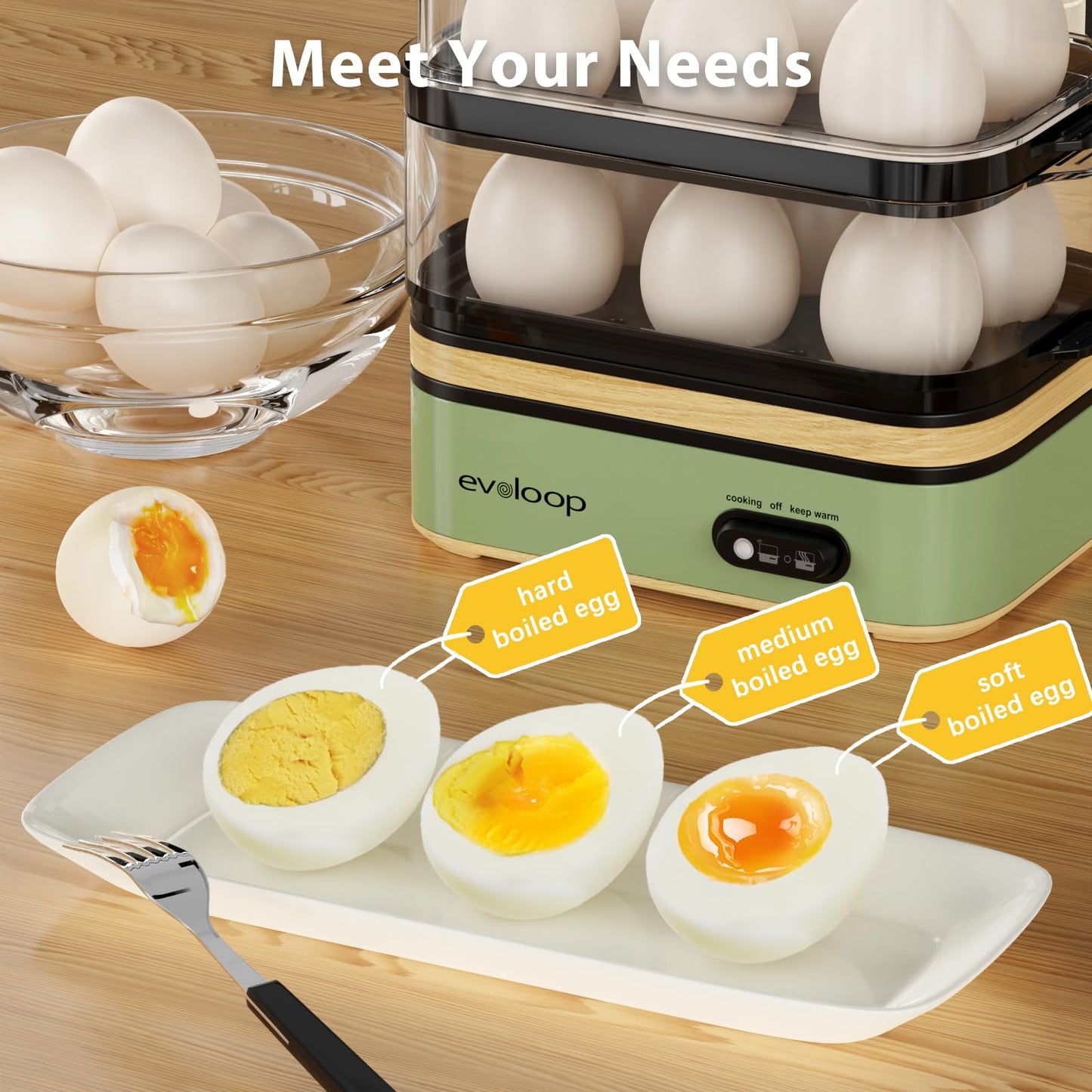 Evoloop Rapid Egg Cooker Electric 12 Eggs Capacity, Soft, Medium, Hard Boiled, Poached, Omelet Maker Egg Poacher & Vegetable Steamer, BPA Free Tray