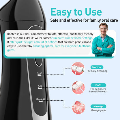 COSLUS ADA Accepted Water Dental Flosser Teeth Pick C20: Portable Cordless Oral Irrigator 300ML Rechargeable Travel Irrigation Cleaner IPX7 Waterproof Electric Flossing Machine, Professional Set Black