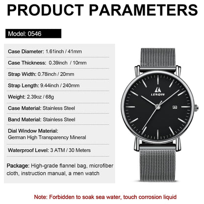 LN LENQIN Mens Watches Waterproof Stainless Steel Watch for Men Analog Quartz Fashion Business Designer Wristwatch