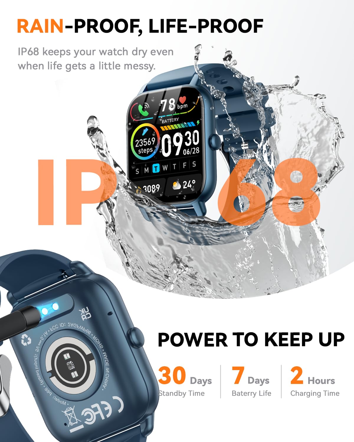 Smart Watches for Men Women, Fitness Tracker with Activity Counter/Sleep Monitor, IP68 Waterproof Smart Watch for Android iPhone iOS Compatible (Jet Black, 1.83)