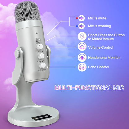 ZealSound Podcast Microphone for PC, Noise Cancellation USB Mic with Gain, Volume Adjustment & Mute Button, Monitoring & Echo, for YouTube, TikTok, Podcasting, Streaming, iPhone, iPad, Android, Mac