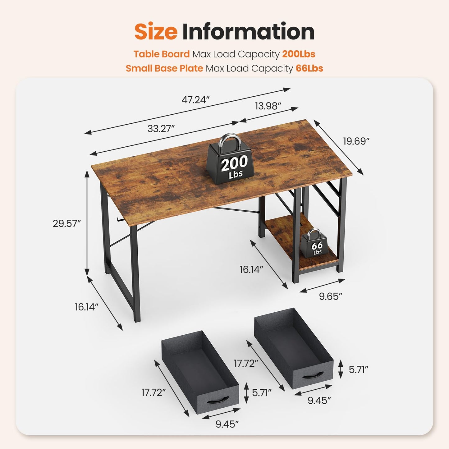 Sweetcrispy 47 Inch Computer Desk with Drawers for Home Office Writing Desk X Shaped Reinforcement Wood Surface Adjustable Position Modern Study Work Side Hook Metal Frame Storage Station Rust