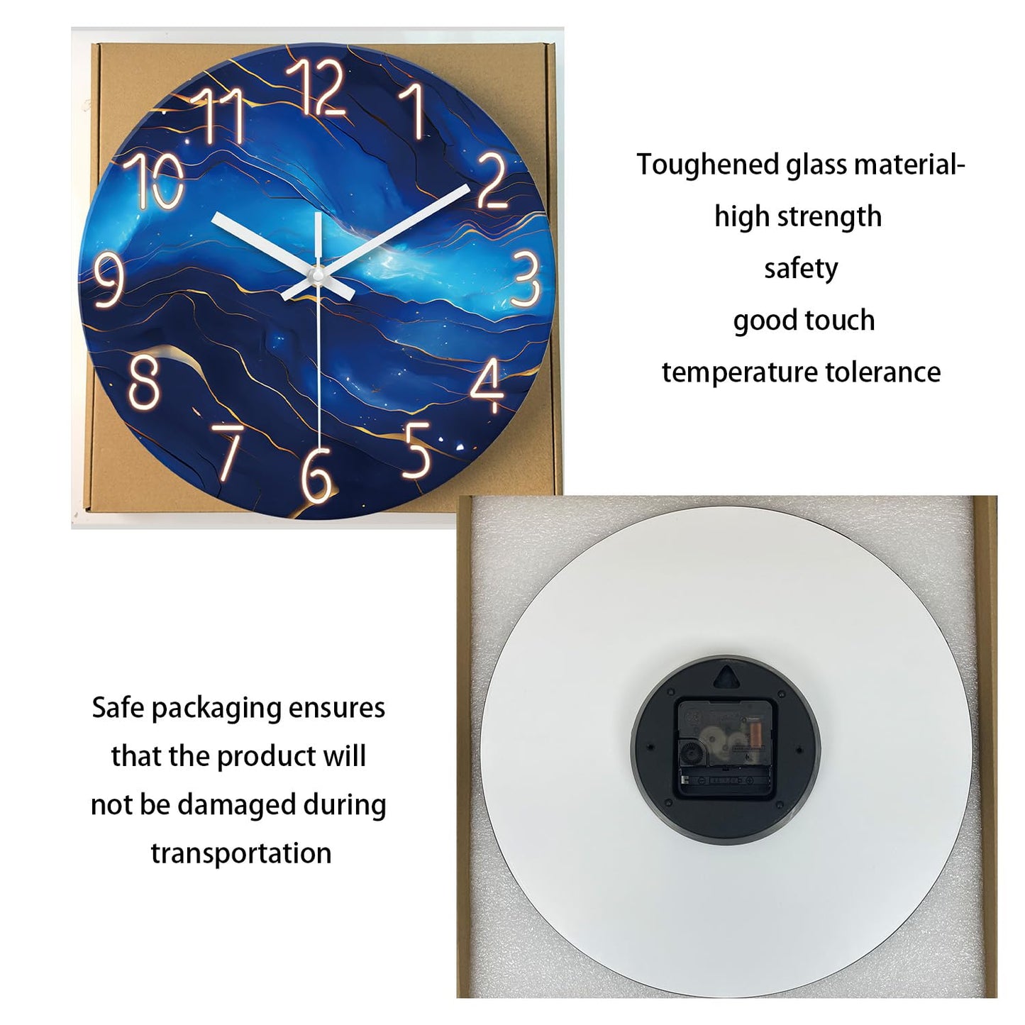 White Marble Glass Wall Clocks Battery Operated 12 Inch Abstract Decorative Analog Wall Clocks for Living Room Bedroom Office Silent Wall Clock Modern