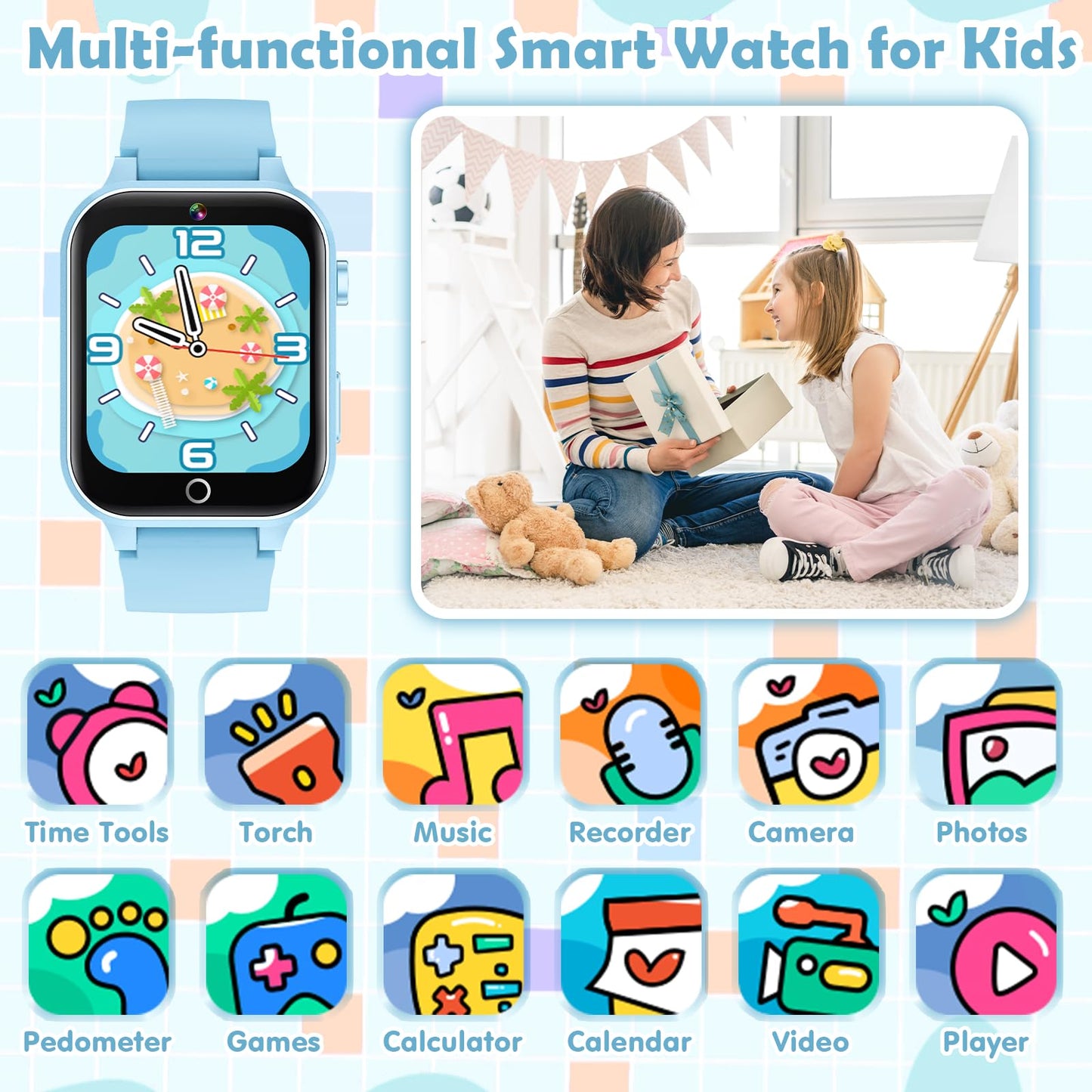 Luyiilo Smart Watch for Kids, with 26 Puzzle Games, Touch Screen, HD Camera, Alarm Clock, Toys for Ages 4-12 Years Old.Birthday Gift for Boys Girls (Blue)
