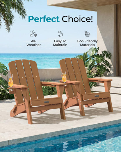 Folding Adirondack Chair, HDPE Adirondack Chairs with 2 Cup Holder, Plastic All-Weather Fire Pit Chairs, Outdoor Lawn Chair for Patio Garden (Grey)