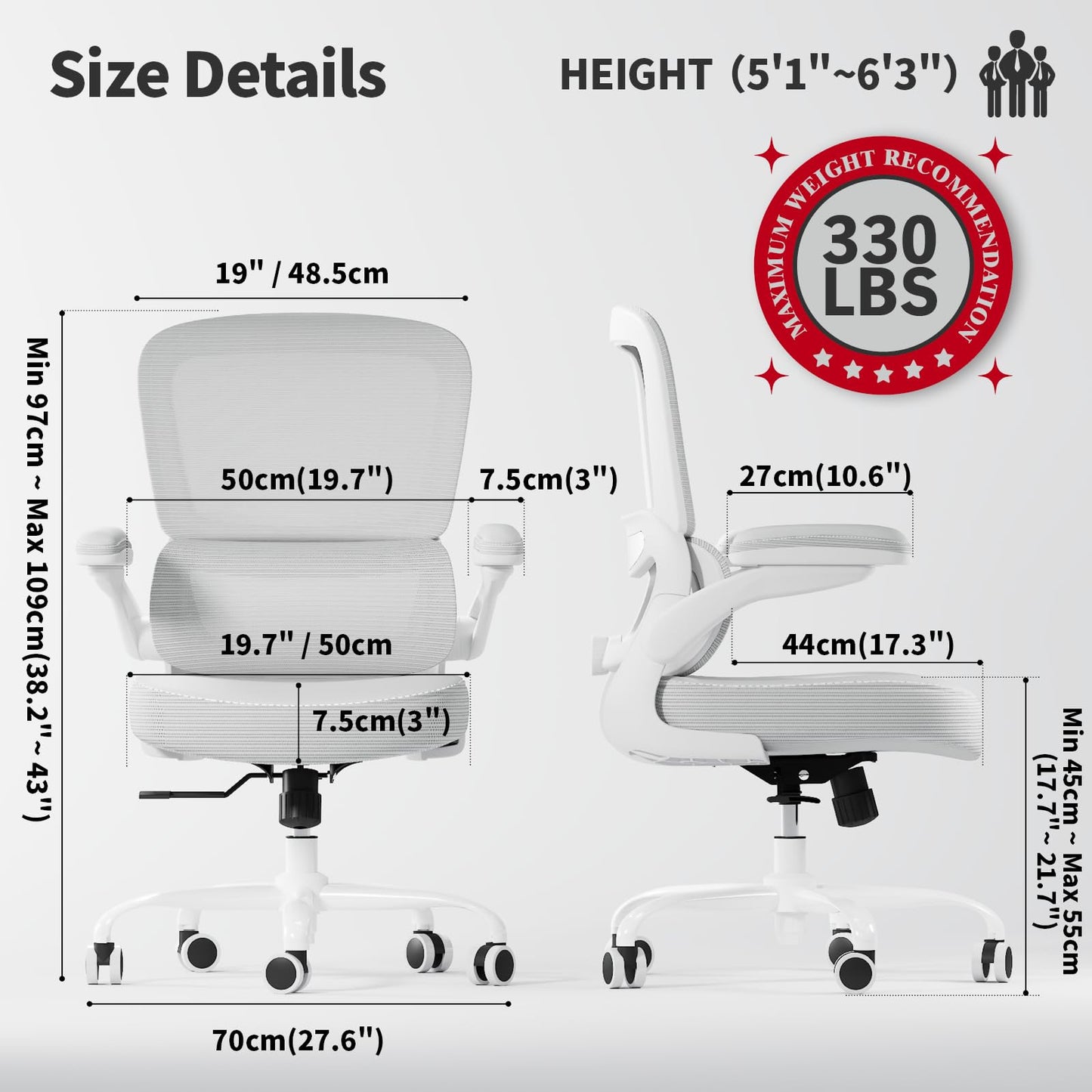TRALT Ergonomic Office Chair - Desk Chair with Adjustable Lumbar Support Computer Chair - Mesh Comfy Chair with Flip-up Armrests - Gaming Chairs for Adults Home Office (Leather, White)
