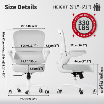 TRALT Ergonomic Office Chair - Desk Chair with Adjustable Lumbar Support Computer Chair - Mesh Comfy Chair with Flip-up Armrests - Gaming Chairs for Adults Home Office (Leather, White)