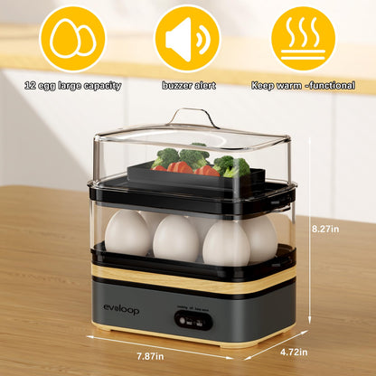 Evoloop Rapid Egg Cooker Electric 12 Eggs Capacity, Soft, Medium, Hard Boiled, Poached, Omelet Maker Egg Poacher & Vegetable Steamer, BPA Free Tray