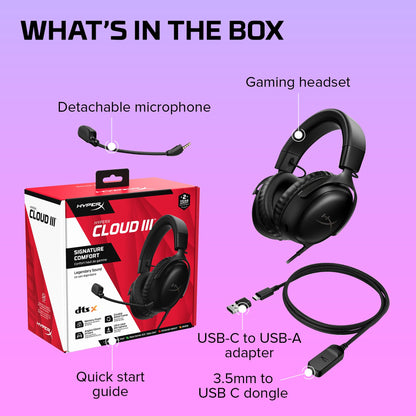 HyperX Cloud III – Wired Gaming Headset, PC, PS5, Xbox Series X|S, Angled 53mm Drivers, Spatial Audio, Memory Foam, Durable Frame, Ultra-Clear 10mm Mic, USB-C, USB-A, 3.5mm – Black/Red