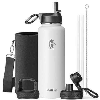 Half Gallon Water Bottle Insulated with Straw & 3 Lids, Coolflask 64 oz Water Jug Large Metal Stainless Steel Wide Mouth for Sports, Gym or Office, Non-BPA Keep Cold 48H Hot 24H, Samurai Cyan