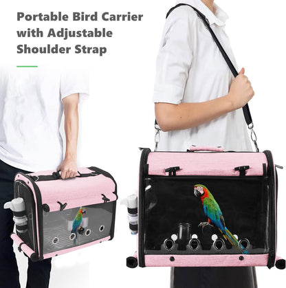 Bird Carrier Bag with Stand, Lightweight Backpack for Parrot, Portable Cockatiel Travel Cage with Accessories, Pet Transparent Breathable Carrier, Gray