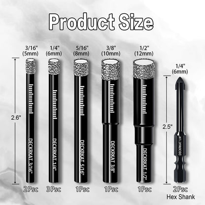 7 Piece Diamond Drill Bits Set, Core Drill Bits for Hard Materials - Tiles Ceramics Glass Stones – Built in Coolant, Fast Dry Drilling - Sizes 3/16" 1/4" 5/16" 3/8" 1/2" - Round Shank, Storage Case