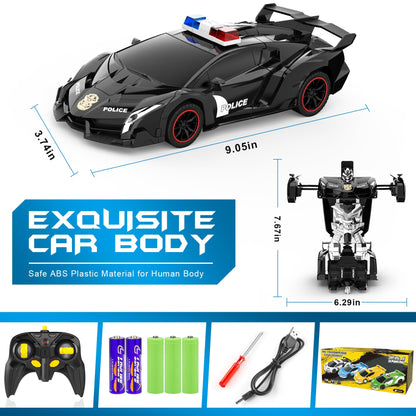 FDJ Remote Control Car - Transform Toys Car Robot, One Button Deformation to Robot with Flashing Light, 2.4Ghz 1:18 Scale Transforming Police Car Kids Toys with 360 Degree Rotating, Girls Boys Toys