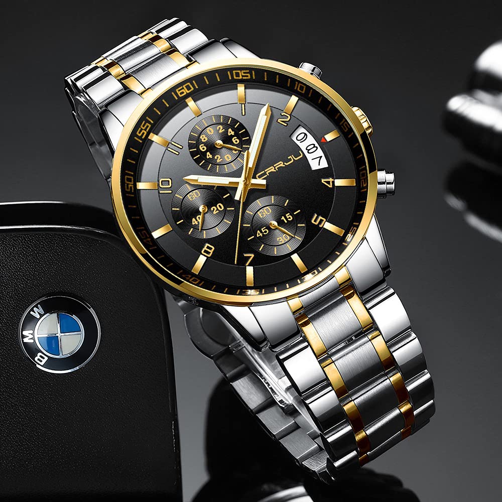 CRRJU Men's Fashion Stainless Steel Watches Date Waterproof Chronograph Wristwatches,Black Steel Band Waterproof Quartz Watch for Men