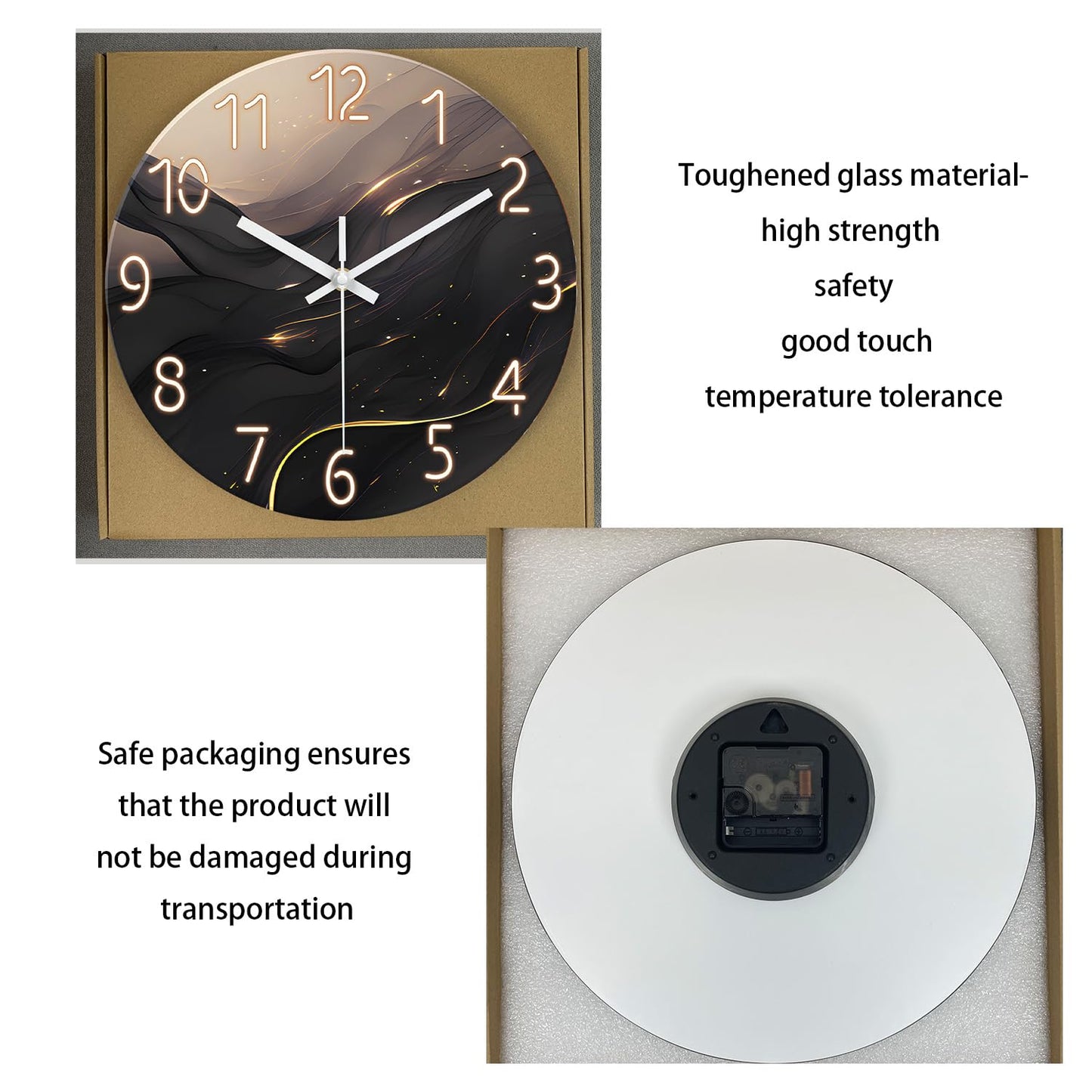 White Marble Glass Wall Clocks Battery Operated 12 Inch Abstract Decorative Analog Wall Clocks for Living Room Bedroom Office Silent Wall Clock Modern