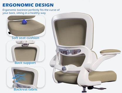 TRALT Ergonomic Office Chair - Desk Chair with Adjustable Lumbar Support Computer Chair - Mesh Comfy Chair with Flip-up Armrests - Gaming Chairs for Adults Home Office (Leather, White)
