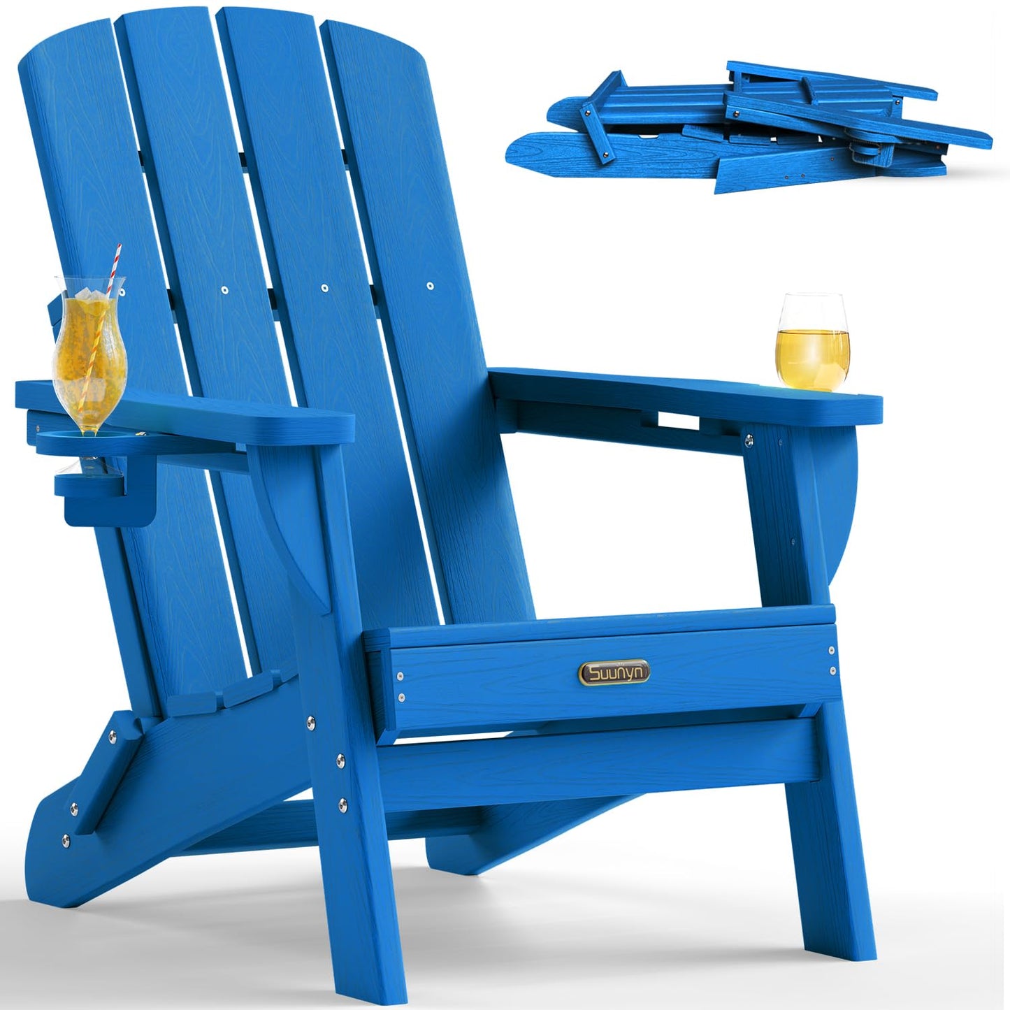 Folding Adirondack Chair, HDPE Adirondack Chairs with 2 Cup Holder, Plastic All-Weather Fire Pit Chairs, Outdoor Lawn Chair for Patio Garden (Grey)
