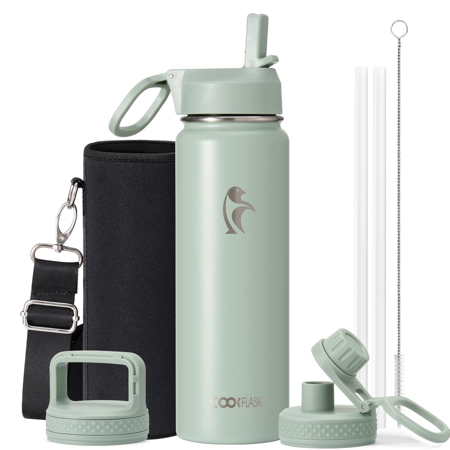 Half Gallon Water Bottle Insulated with Straw & 3 Lids, Coolflask 64 oz Water Jug Large Metal Stainless Steel Wide Mouth for Sports, Gym or Office, Non-BPA Keep Cold 48H Hot 24H, Samurai Cyan
