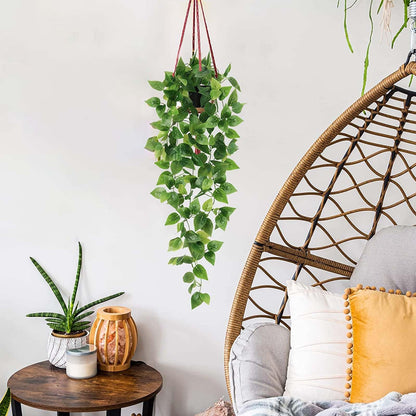 BLEUM CADE Fake Hanging Plants, 2pcs Artificial Pothos Vines Faux Plants Greenery for Wall Home Living Room Office Indoor Outdoor Decor (No Baskets)