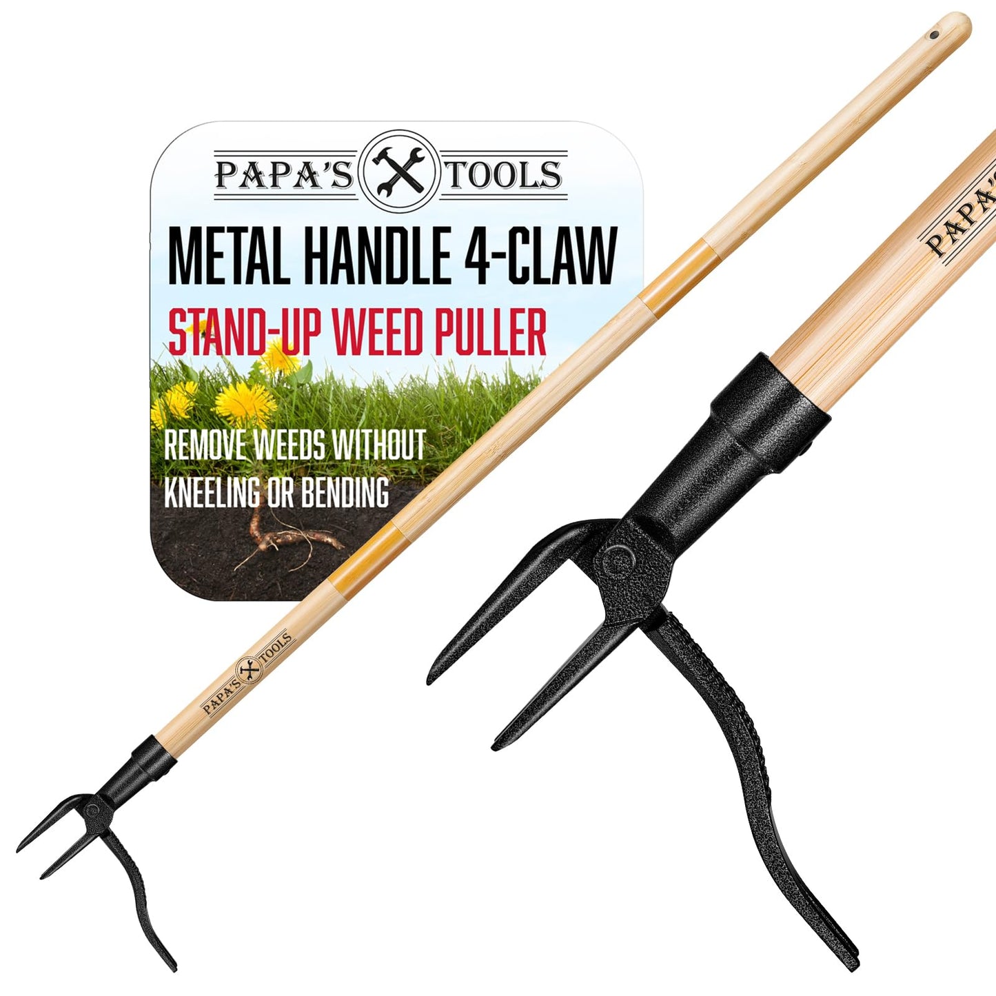 Papa's Tools Weed Puller Tool, 44" Stand Up Weeder Garden Tools & 4 Claw Steel Head, Dual Weed Eject Tech. Made with Real Bamboo & Long Wooden Handle, Yard Weeding Remover for Gardening Men & Women