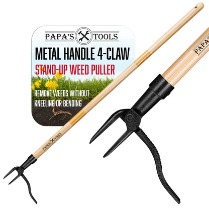 Papa's Tools Weed Puller Tool, 44" Stand Up Weeder Garden Tools & 4 Claw Steel Head, Dual Weed Eject Tech. Made with Real Bamboo & Long Wooden Handle, Yard Weeding Remover for Gardening Men & Women