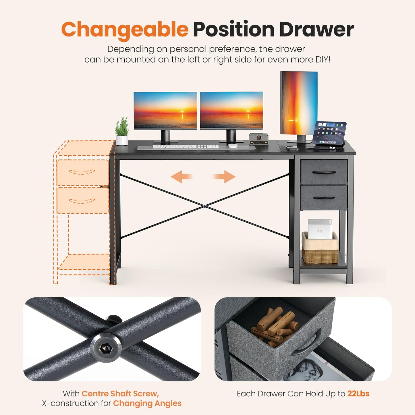 Sweetcrispy 47 Inch Computer Desk with Drawers for Home Office Writing Desk X Shaped Reinforcement Wood Surface Adjustable Position Modern Study Work Side Hook Metal Frame Storage Station Rust