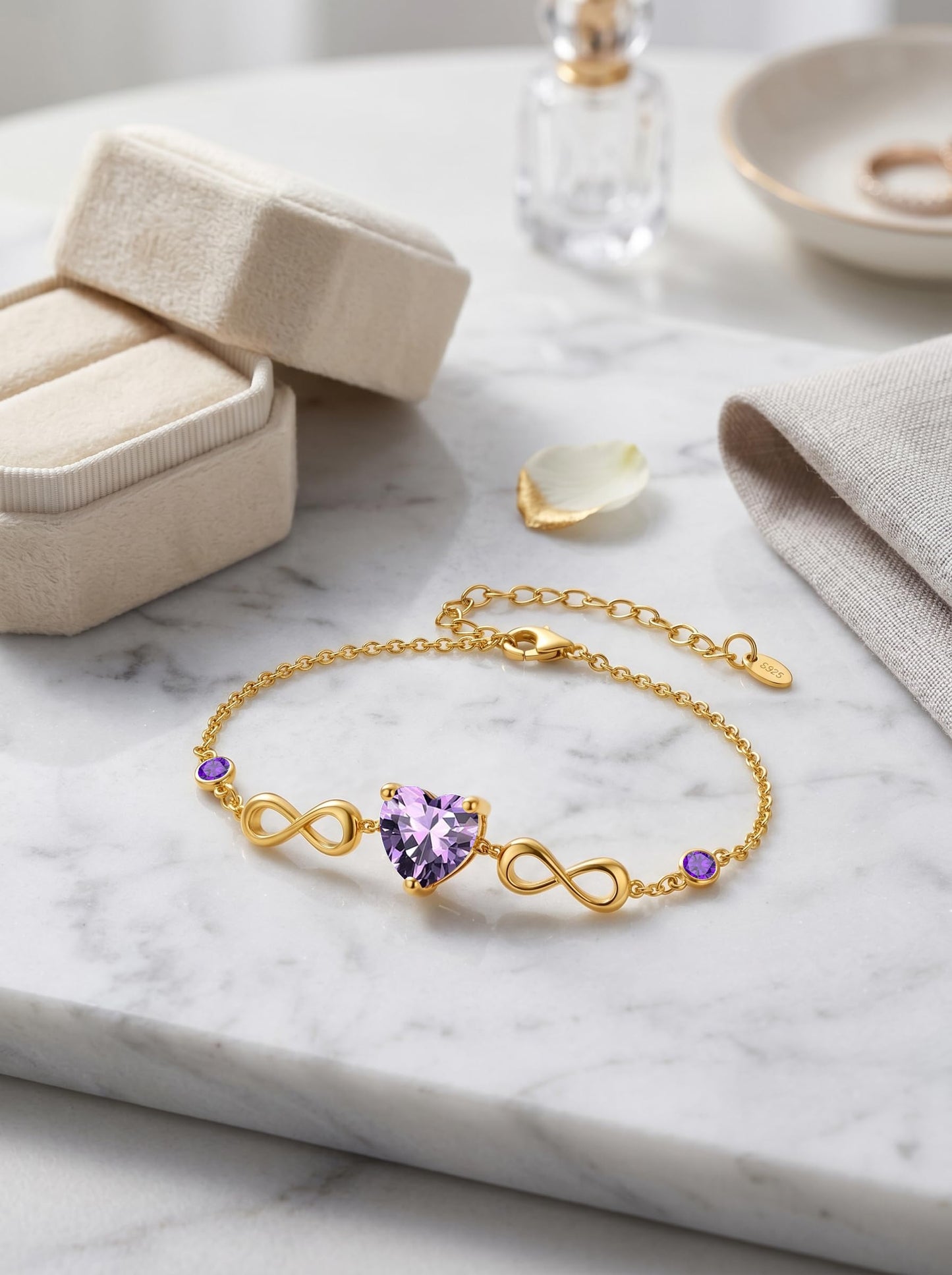 14K Gold Infinity Birthstone Bracelets for Women, Infinity Love Heart Birthstone Link Bracelets for Women, 14K Gold Plated Jewelry Birthday Gifts for Wife Girlfriend Mom, 7+2 Inch