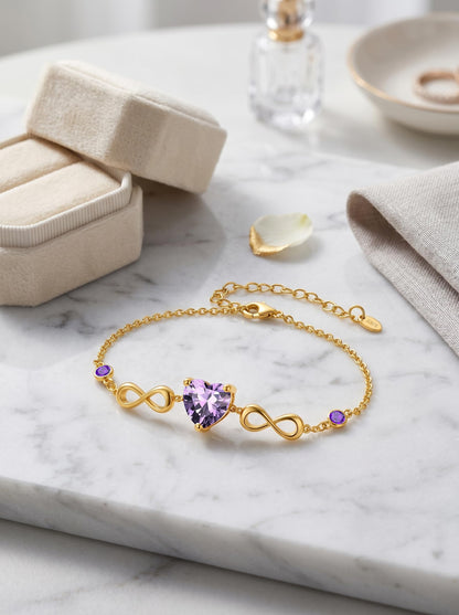 14K Gold Infinity Birthstone Bracelets for Women, Infinity Love Heart Birthstone Link Bracelets for Women, 14K Gold Plated Jewelry Birthday Gifts for Wife Girlfriend Mom, 7+2 Inch