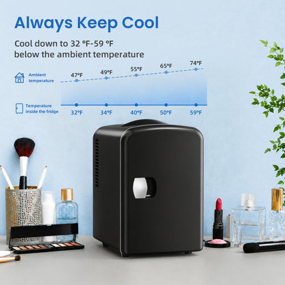 Antarctic Star Compact Refrigerator, Portable Mini Fridge, Skin Care 4L Capacity/6 Cans, for Bedroom, Car, Office & Dorm, Small Cooler for Cosmetics, Beverage and Food, Black