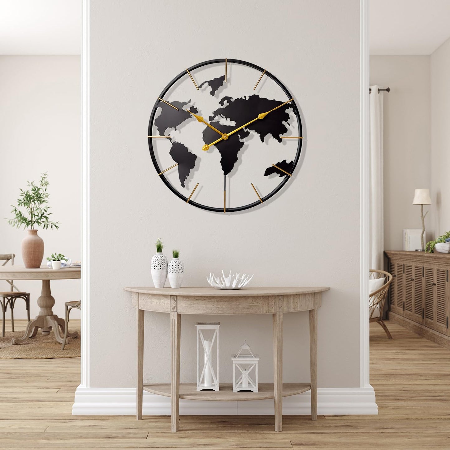 Large World Map Wall Clock, Metal Minimalist Modern Clock,Round Silent Non-Ticking Battery Operated Wall Clocks for Living Room/Home/Kitchen/Bedroom/Office/Farmhouse Decor (24 Inch)