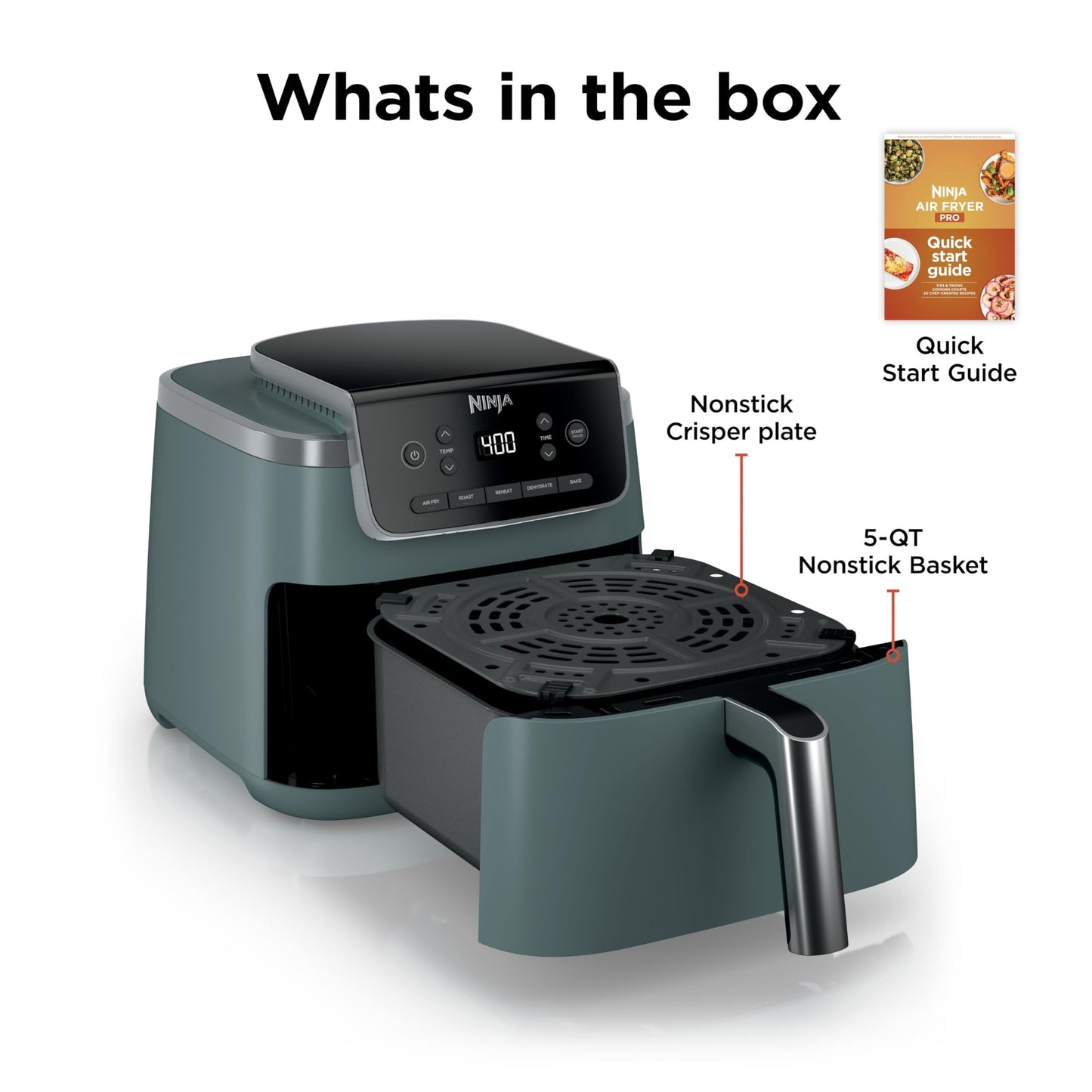 Ninja Air Fryer with Air Crisp | 5 QT Capacity fits up to 4lbs of Fries | 4-in-1 Pro Air Fry, Roast, Reheat, Dehydrate | 400°F Max Temp | 1750 Watts | W/Nonstick Basket & Crisper Plate | Grey | AF141