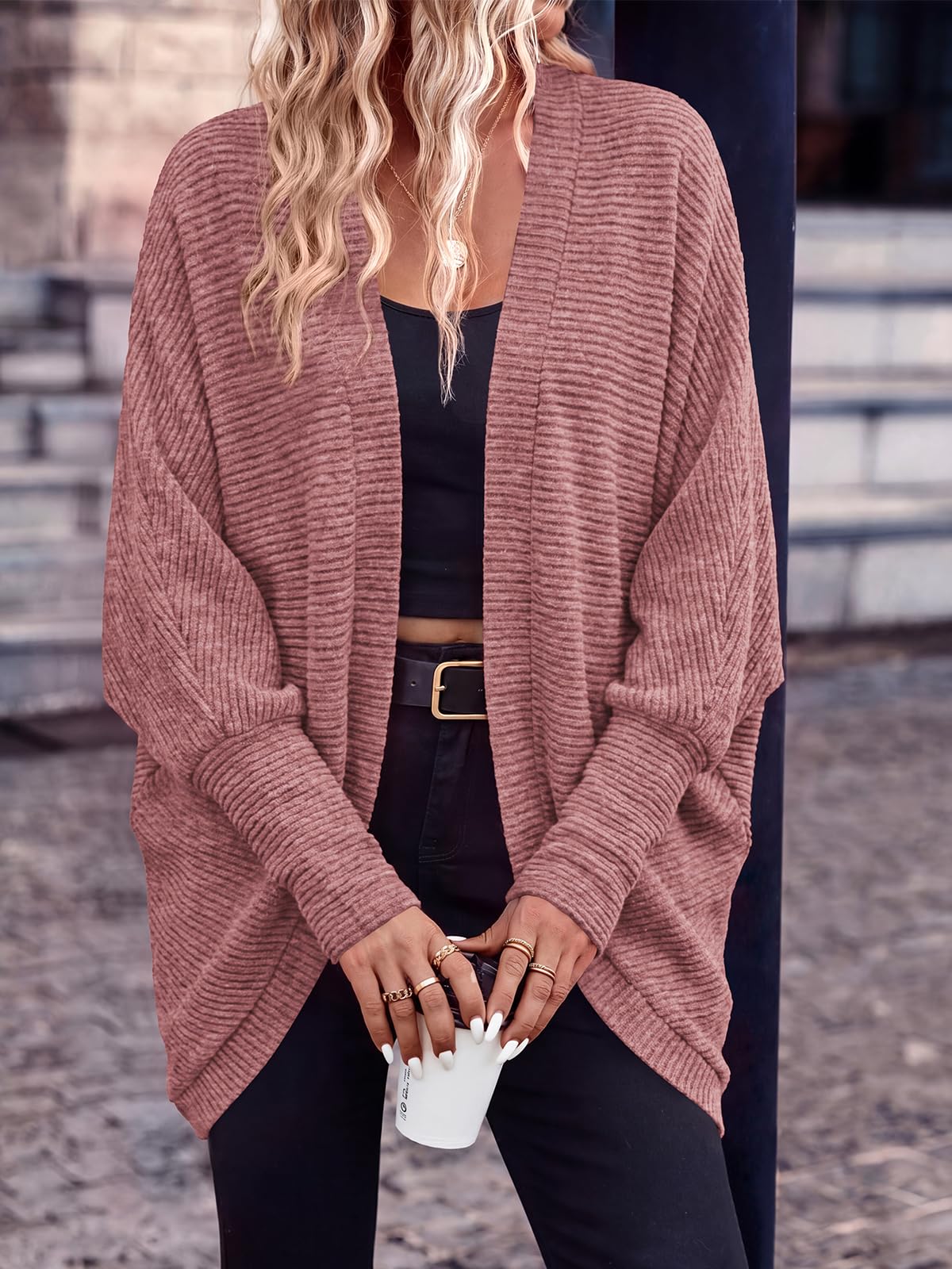 PRETTYGARDEN Batwing Long Sleeve Lightweight Cardigan Sweaters for Women | Casual Open Front Long Cardigans, Loose Fit Soft Ribbed Knit Light Weight Sweater, Fashion Early Fall Clothes, Travel Outfits